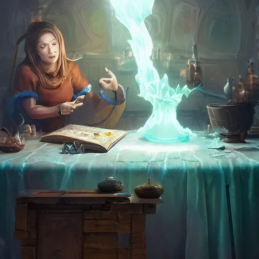 Image similar to hyper realistic, table, wizards laboratory, greg rutkowski, mortar, pestle, balance with glowing powder, energy flowing, magic book, beakers of colored liquid, tony sart