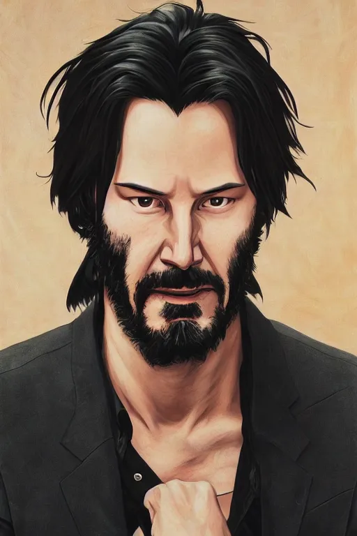 Image similar to Portrait of Keanu Reeves in the style of JoJo's Bizarre Adventure by Hirohiko Araki, rugged beard, long dark hair, beautiful bone structure, intricate, elegant, realistic face, highly detailed, digital painting, artstation, concept art, smooth, sharp focus, manga illustration, art by artgerm and greg rutkowski and alphonse mucha