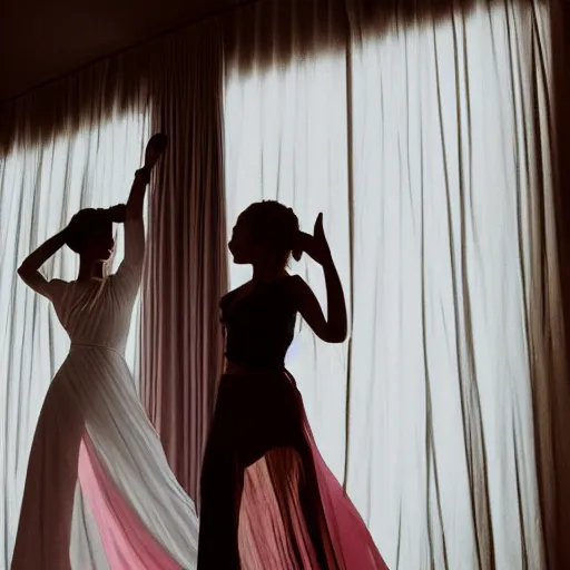 Image similar to over the shoulder photography of two female models silhouettes behind white curtains in old victorian room, dramatic light, cinestill, flying black marble balls, filmstill, bokeh, long exposure, god rays, magic hour, pink light, warm colors, 8 k, liquid marble acrylic paint, abstract