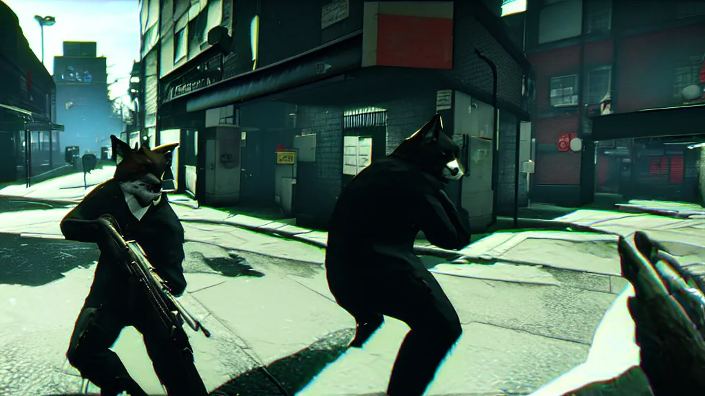 Image similar to Screenshot from the PC game Payday 2 demonstrating the fursuit unlock- Hoxton? More like Foxton.