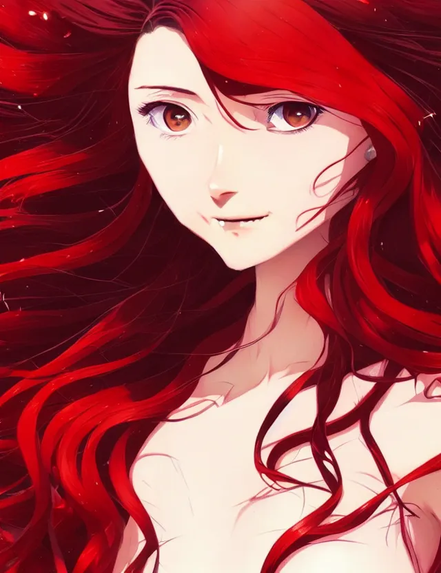 Prompt: a ultradetailed beautiful panting of rin tohsaka with flowing hair, 1 / 4 portrait, by conrad roset, greg rutkowski and makoto shinkai, rin, red dress, fate, trending on artstation