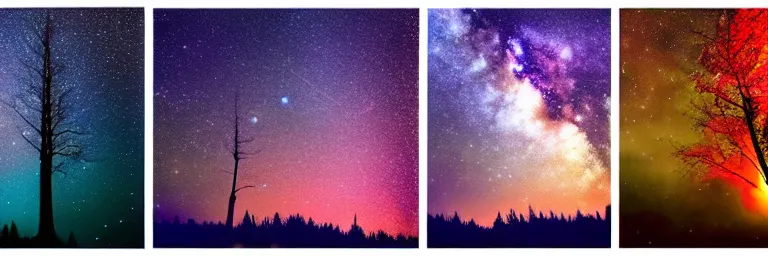 Image similar to beautiful trees, colorful stars and galaxies, trending on artstation, hd photography