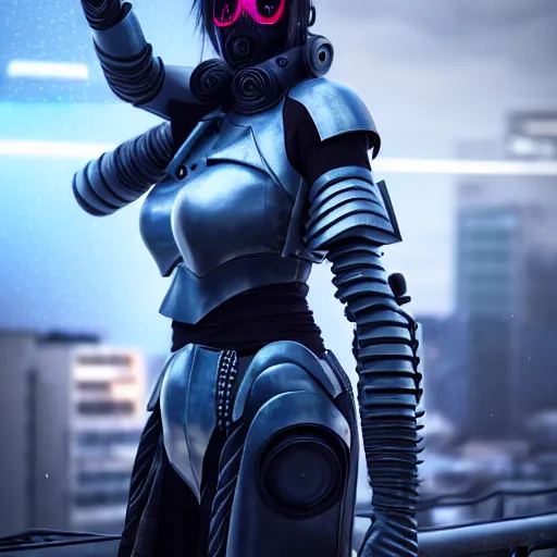 Prompt: An hyperrealistic portrait painting of a female cyberpunk armor warrrior, no face mask, blue and ice silver color armor, cyberpunk feel raining at tokyo midnight rooftop, unreal 5, DAZ, 8k, hyperrealistic, octane render, cosplay, RPG portrait, final fantasy artwork concept, dramatic lighting, rim lights, PS5 render quality