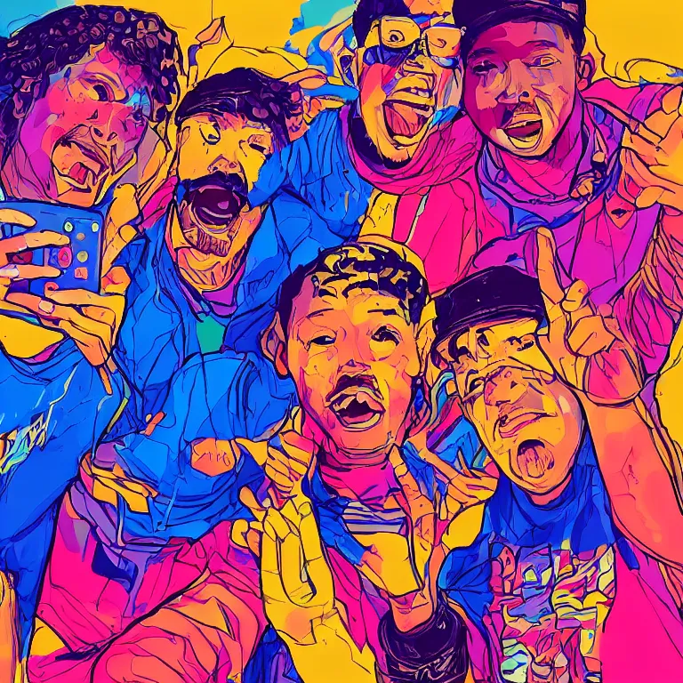 Prompt: a detailed colorful illustration of three ( b boys ) posing for a selfie by timothy kong, trending on artstation