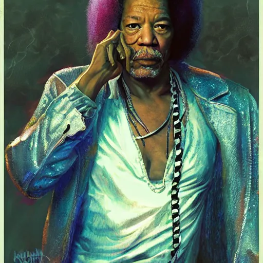 Image similar to UHD movie still of Morgan Freeman as Jimmy Hendrix, by Antonio Caparo and Ferdinand Knab and Greg Rutkowski, UHD, photorealistic, trending on artstation, trending on deviantart