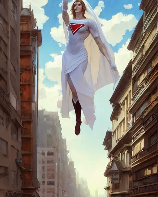 Image similar to wide angle of superhero - white cape levitating over the street below, arms spread wide, highly detailed, digital painting, artstation, concept art, smooth, sharp focus, illustration, art by artgerm, greg rutkowski, alphonse mucha, j. c. leyendecker