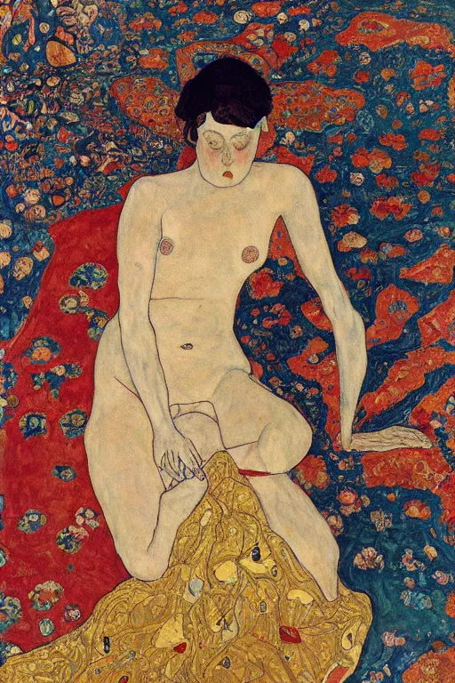 Image similar to girl waer detailed golden arabesque dress and lay down on a detailed navy persian carpet with a big tree palm persian pot, painting by egon schiele