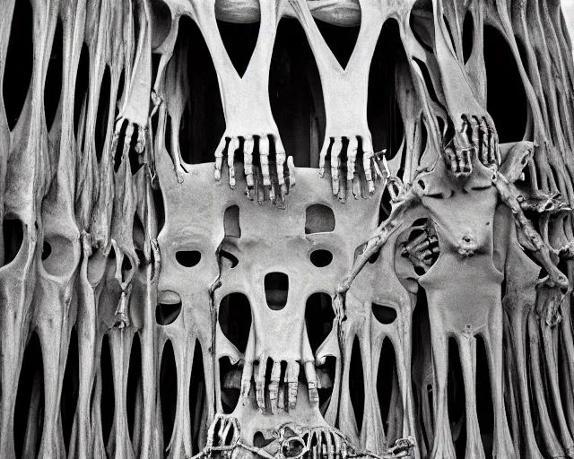 Image similar to by francis bacon, vivian maier, mystical photography evocative. an intricate fractal concrete and steel carved sculpture of the secret faces of god and a pile of bones, standing in a city center.