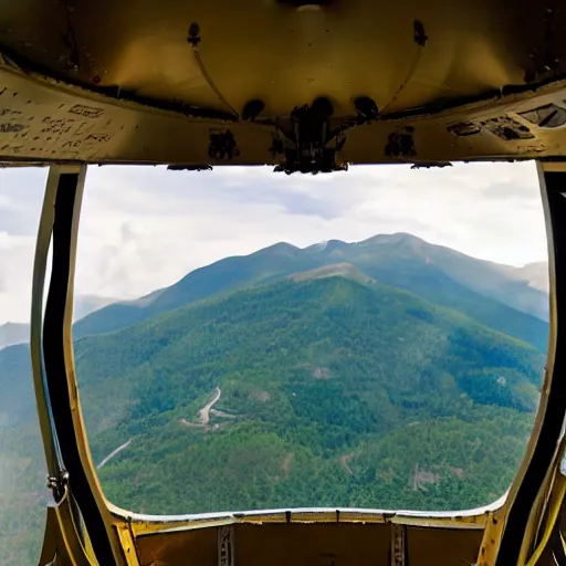 Image similar to the bridge of a military zeppelin's gondola, with a view to a mountain valley outside