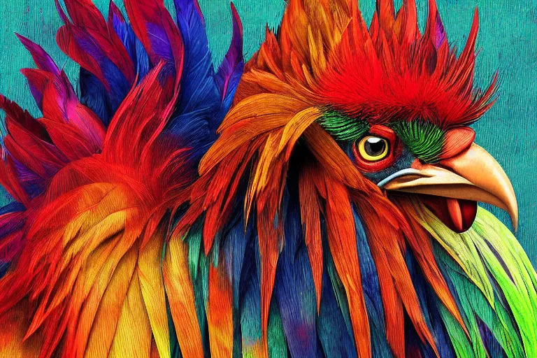 Image similar to digital painting of an ominous rooster with feathers of many colors, by javier medellin puyou and tim lord, portrait, sharp focus, colored feathers, jungle