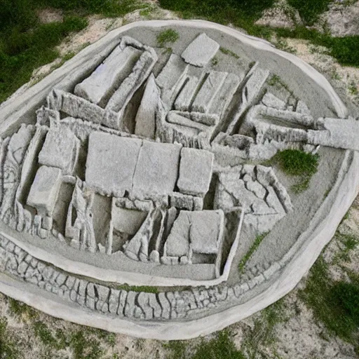 Image similar to prehistoric paleolithic city made of chalk, talc, quartz, aerial view