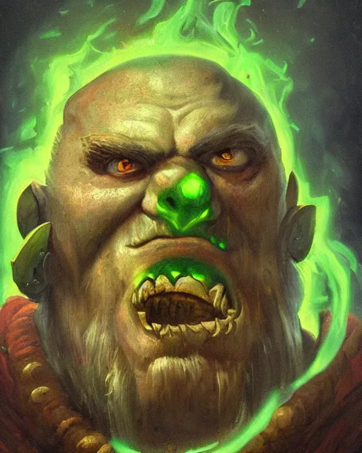 Image similar to a renaissance style portrait painting of a world of warcraft orc, garrosh hellscream, holding green fire. top left warm lighting