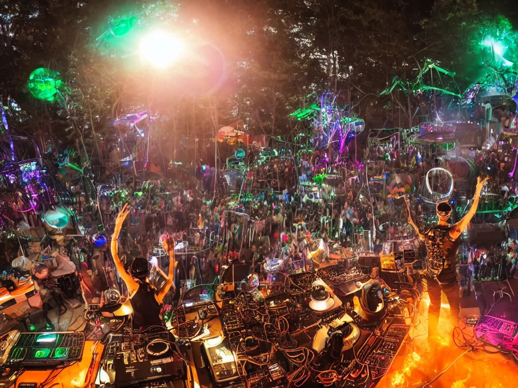 Image similar to a cyborg dj is playing a vast array of highly evolved and complex musical technology on a stage surrounded by an incredible and complex circular robotic structure playing highly evolved music overlooking a crowd at a forest festival lit by fire