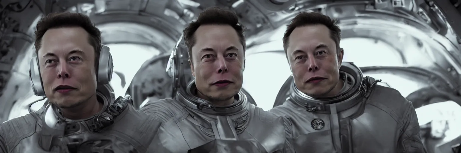 Image similar to old elon musk in a space x spaceship, movie still, cinematic, photorealistic, extreme detail, facial features, sharp focus, 8 k, anamorphic lens, lighting, dark