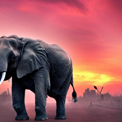 Prompt: elephant in a post apocalyptic city where the sky is on fire