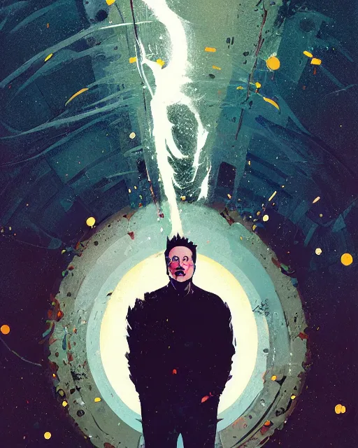 Image similar to Portrait of elon musk consumed by smoky water, stylized geometric explosion of splatter paint black gold sparkling, fantasy art by Greg Rutkowski, Loish, Rhads, Makoto Shinkai and Lois van baarle, ilya kuvshinov, rossdraws