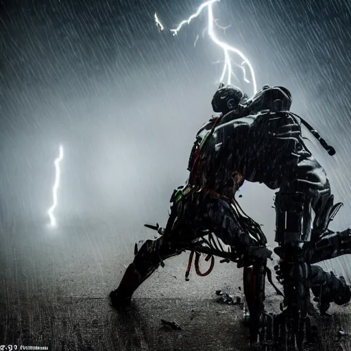 Image similar to 2 warriors in de exoskeletons battling each other in heavy rain, ground fog, moody lighting, 8 k, lightning, shallow depth of field, cinematic lighting,