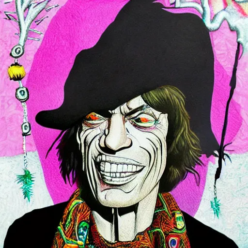 Image similar to mick jagger wearing a voodoo hat and a black cape, art by meow wolf