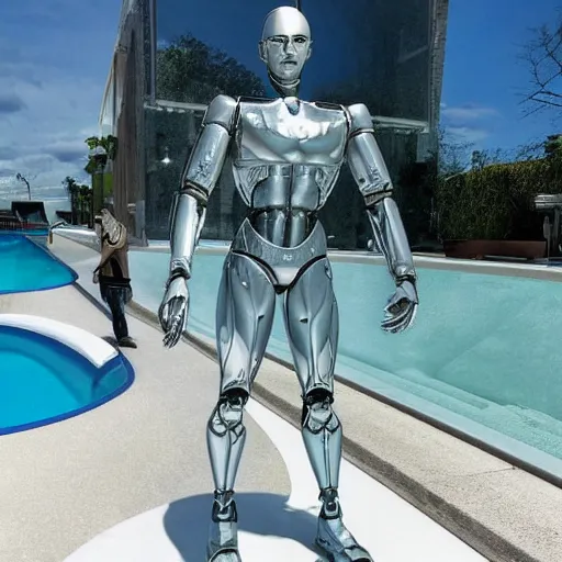 Image similar to made of ice, a realistic detailed photo of a guy who is an attractive humanoid who is half robot and half humanoid, who is a male android, on display, blank stare, showing off his muscles, shiny skin, posing like a statue, by the pool, frozen ice statue, twitch streamer / gamer ludwig, humanoid robot