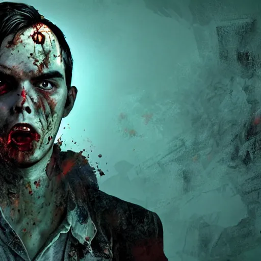 Image similar to angry zombie portrait of nicholas hoult in an urban szene, grimdark horror, stylized digital illustration, radiating a glowing aura, global illumination, ray tracing, hdr, fanart arstation by ian pesty and katarzyna bek - chmiel