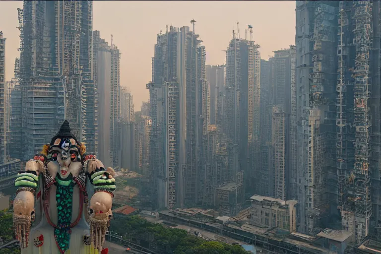 Image similar to high quality 3 d cyberpunk biomorphic hanuman head building in the middle of mumbai!!, kalighat highly detailed, cinematic smooth, stephen shore & john j. park, soft morning light, wide shot, high angle, uhd 8 k, deep focus