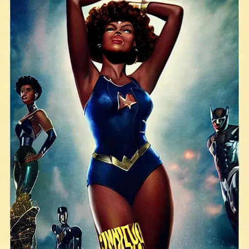 Image similar to a 1950s black superhero queen with an afro wearing thigh high white heels leaps into the time pool on the poster art for this new super hero movie, digital art, concept, high detail 4k