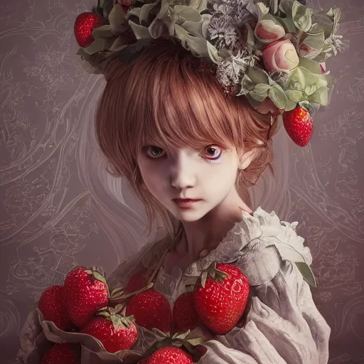 Image similar to the portrait of an absurdly beautiful, graceful, elegant, sophisticated, fashionable little girl made of strawberries and white petals looking down, an ultrafine hyperdetailed illustration by kim jung gi, irakli nadar, intricate linework, bright colors, octopath traveler, final fantasy, unreal engine 5 highly rendered, global illumination, radiant light, detailed and intricate environment