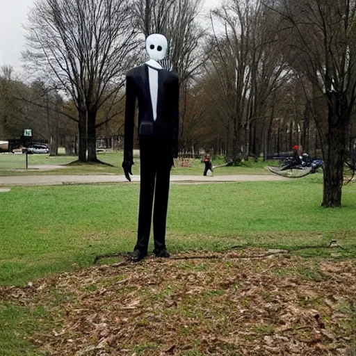 Prompt: slenderman standing in a park where kids are playing, cctv, old picture