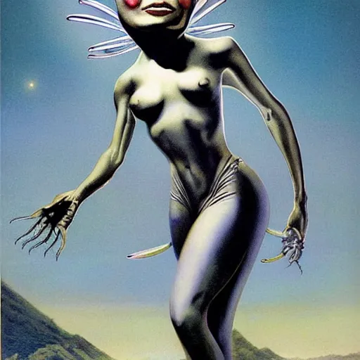 Prompt: beautiful alien extraterrestrial species female babe, in a tight fitting silver metallic bikini spacesuit, bare midriff, big silver head with eyestalk antennae, eyeballs on stalk antennae, green skinned, big black almond shaped alien eyes, volcanic background, by Mort Kunstler and Gil Elvgren