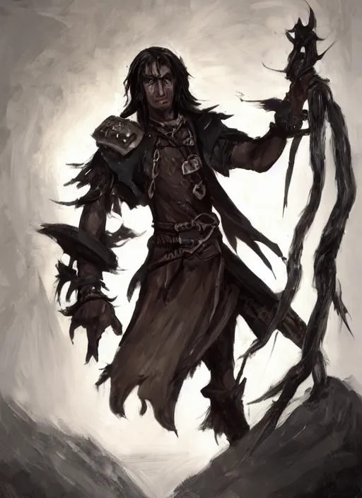 Prompt: DND character, coherent face, a man with tan skin and long straight black hair, chained in a dark fungeon, broken and tortured, rogue class warrior class