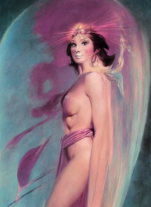 Prompt: portrait of plump sorceress of the moon, pink robe and veil, lightning halo, strong line, muted color, beautiful! coherent! by frank frazetta, by boris vallejo