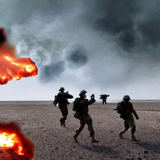Image similar to soldiers running at the camera during normandy beach landing with fiery explosions and debris in the style of the movie lone survivor, gritty, 4 k, cinematic lighting,
