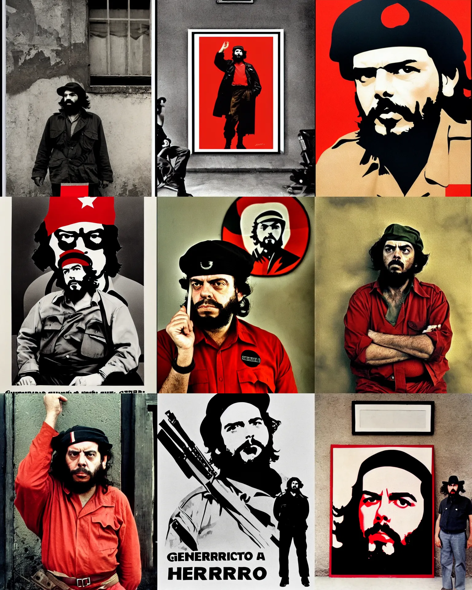 Prompt: guerrillero heroico, a red and black poster with a paul giamatti as che guevara, a character portrait by rene burri, behance, socialist realism, 1 9 7 0 s, colorized, associated press photo