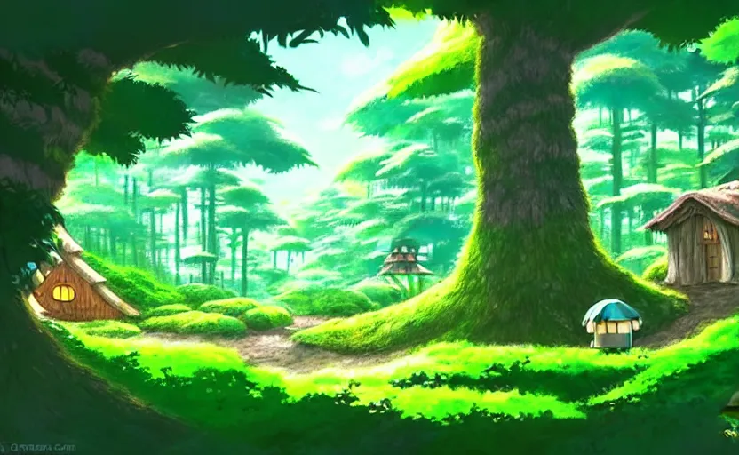 Image similar to lush forest with a cute woodland home, fantasy studio ghibli animated film, fantasy concept art, aesthetic, glob