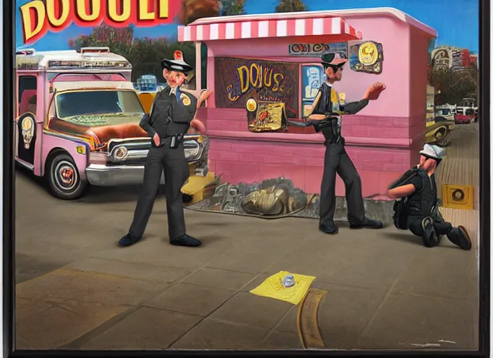 Prompt: the donut cop, lowbrow, matte painting, 3 - d highly detailed, in the style of mark ryden,