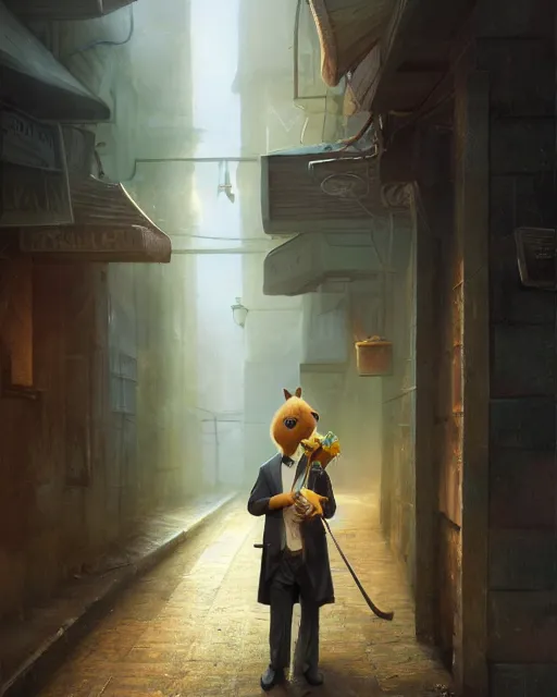 Image similar to oil painting of anthropomorphized capybara holding a smoking pipe, detective clothes, close shot, full body, dark london alley background, sharp focus, fantasy style, octane render, volumetric lighting, 8k high definition, by greg rutkowski, highly detailed, trending on art Station, dungeons and dragons artwork, centered