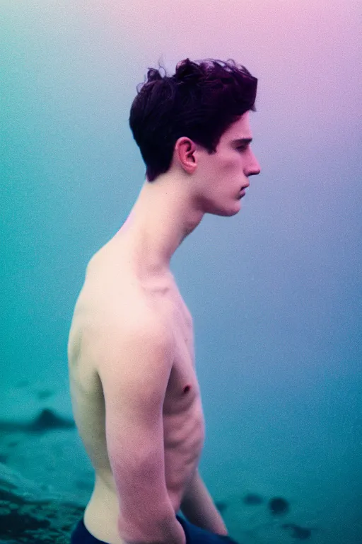 Prompt: high quality pastel coloured film mid angle docu photograph of a beautiful young 2 0 year old male, soft features, short black hair, falling in an icelandic black rock pool environment. atmospheric. three point light. photographic. art directed. ( pastel colours ). volumetric light. clearcoat. waves glitch. 8 k. filmic.