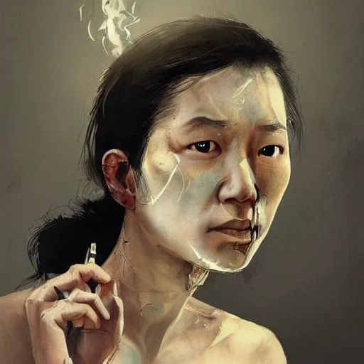 Image similar to a portrait painting by cedric peyravernay of a harded asian female spy, with scars and a dirty face, smoking a cigarette as she stares menacingly