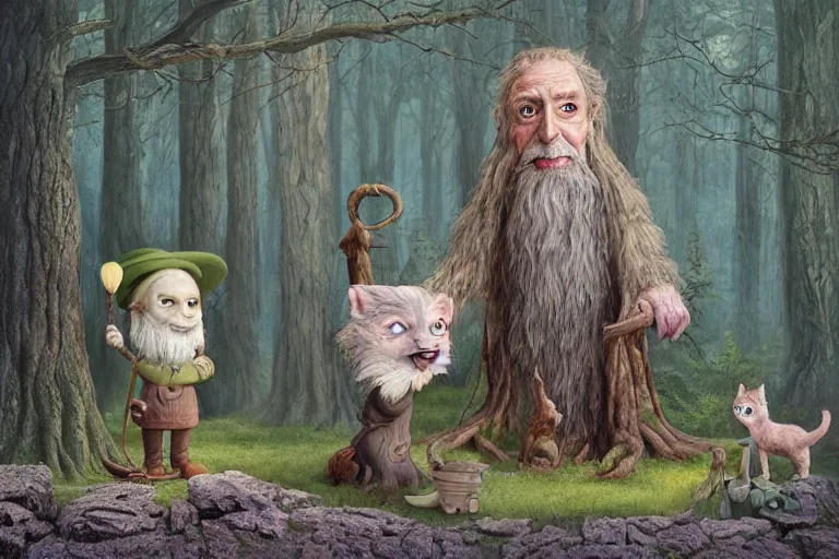 Prompt: old wizard and his forest furry creature matte painting, 3 d highly detailed, in the style of mark ryden