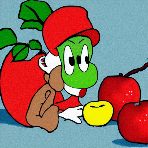 Image similar to cartoon of yoshi eating a pile of apples