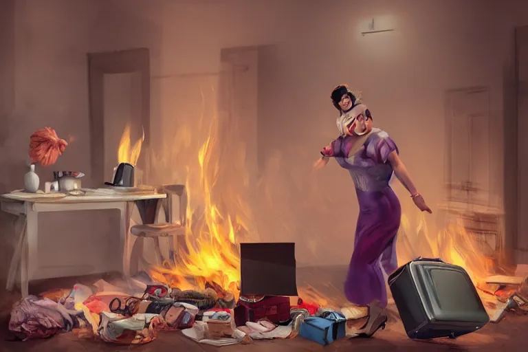 Image similar to a crazy opera singer hurries up to pack daughter's things in suitcase, surrounded with fire, clothes are flying around in room, digital art, trending on artstation, very very realistic