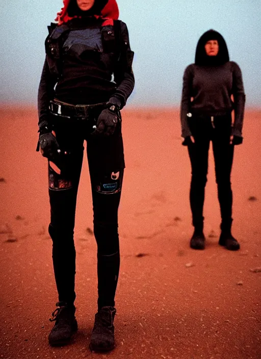 Image similar to cinestill 5 0 d photographic portrait of two loving female androids wearing rugged black techwear on a desolate plain with a red sky, extreme closeup, lizard on ground, cyberpunk style, in front of a brutalist dark metal facility, dust storm, 3 5 mm, 8 k, f / 3 2, high resolution, ultra realistic faces