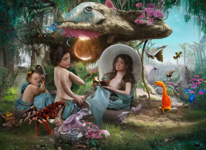 Image similar to 🦩🪐🐞👩🏻🦳, lowbrow, 8 k, matte painting, in the style of camille rose garcia,