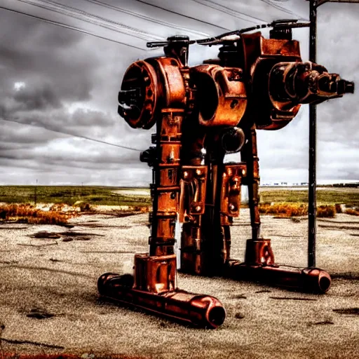 Prompt: photo of a rusted metal war machine from the distant future