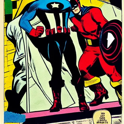 Image similar to comic book pane of Captain America arresting Batman, silver age of comics, Jack kirby illustration