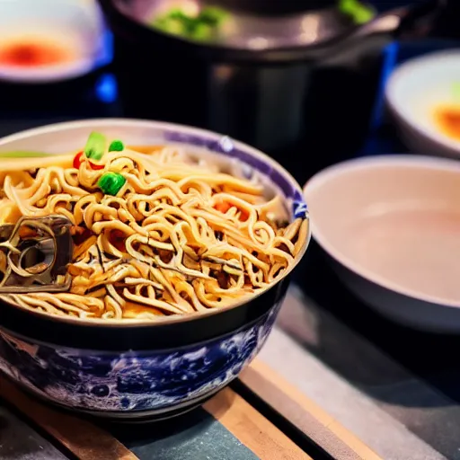 Image similar to a pot full of squid yakisoba inside a chinese restaurant, 4K photo, zoom, award winning, background blur