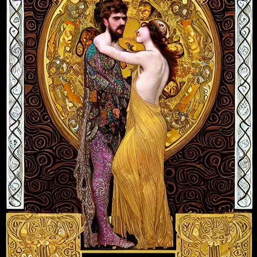 Prompt: realistic detailed dramatic symmetrical portrait of Adam and Eva as Salome dancing, wearing an elaborate jeweled gown, by Alphonse Mucha and Gustav Klimt, gilded details, intricate spirals, coiled realistic serpents, Neo-Gothic, gothic, Art Nouveau, ornate medieval religious icon, long dark flowing hair spreading around her