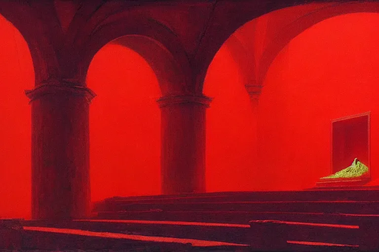 Image similar to only with red, a red melted emperor, taormina amphitheatre, crowd hails him, in the style of beksinski, parts by edward hopper, parts by rodcenko, parts by yue minjun, intricate and epic composition, red by caravaggio, insanely quality, highly detailed, masterpiece, red light, artstation, 4 k