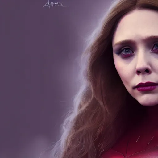 Image similar to Elizabeth Olsen as the Scarlet Witch in alt attire and heavy alt makeup, trending on artstation, gloomy atmosphere, photorealistic facial features, 4k, 8k