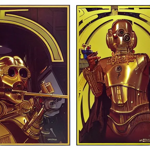 Image similar to c 3 po smoking crack cocaine by mcfarlane, alphonse mucha, artgerm and greg rutkowski and magali villeneuve. realistic.